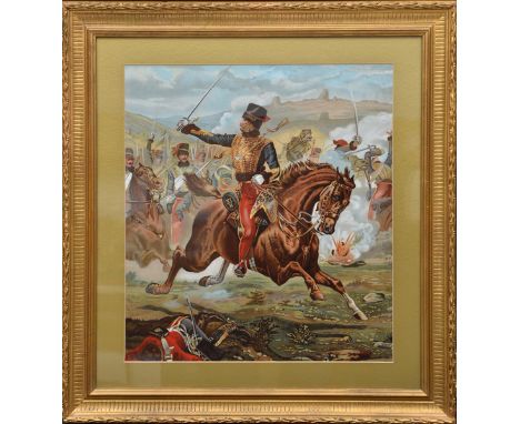 A striking coloured lithograph of Lord Cardigan leading the Charge of the Light Brigade,  well mounted and framed in ornament