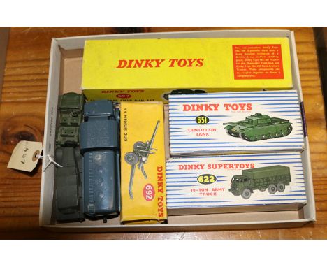 7 Dinky military toys. 25 Pound Field Gun Set No.697, boxed  with cardboard insert. Centurion Tank (651) boxed with insert. A