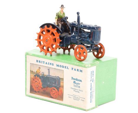 A scarce Britains Model Farm Fordson Major Tractor No.127F. An example with spudded rear metal wheels in orange with no tyres