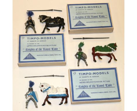 3 Timpo mounted Knights of the Round Table. KN71 Sir Mordred in black/silver livery. KN72 Sir Percival in white/blue and KN77