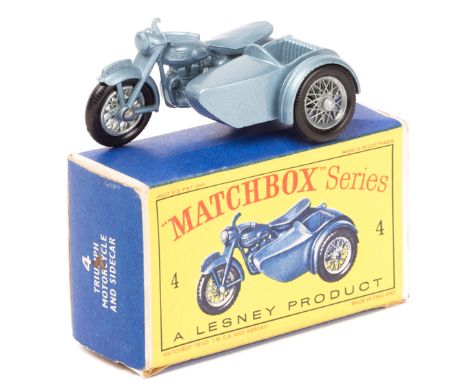 Matchbox Series No.4 Triumph T110 Motorcycle and sidecar. In light metallic blue with silver spoked wheels and black plastic 