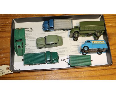 7 Dinky Toys. Bedford CA van ‘Ovaltine’. Austin Devon in mid green. Fordson flatbed wagon with small 4 wheel trailer both in 