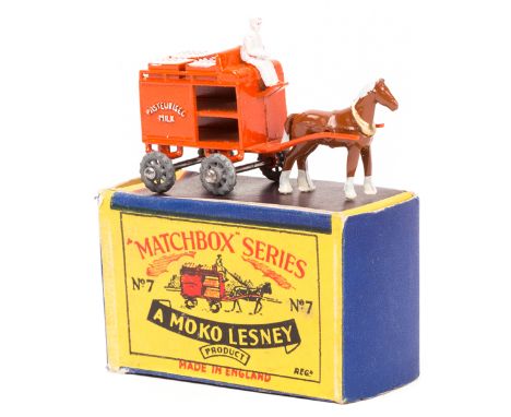 Matchbox Series No.7 Horse Drawn Milk Float. Orange float with white painted driver and crates, brown and white horse, with g