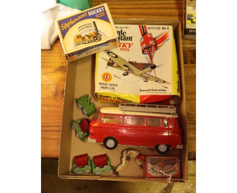 A small quantity of various makes. A Dinky Toys ‘Battle of Britain’ Spitfire Mk11 (719). Plus a Benbros Qualitoy Stephenson’s