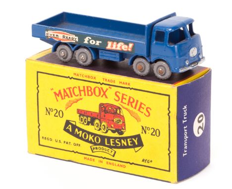 Matchbox Series No.20 ERF 68G Truck. In dark blue with ‘Ever Ready for Life’ decals on each side, an example with grey plasti