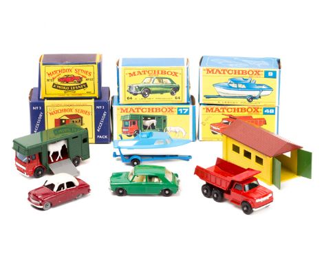 6 Matchbox Series. No.9 Boat & Trailer, in light blue and white with blue trailer. No.17 Horse Box in red and dark green. No.