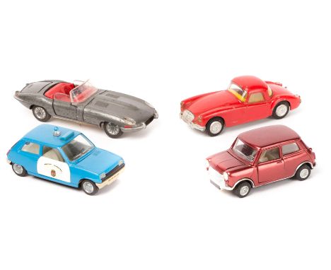 4 Auto Pilen cars. A Mini Cooper (319) in metallic red, Renault 17 TS in blue with red roof and Monte Carlo racing livery, Re