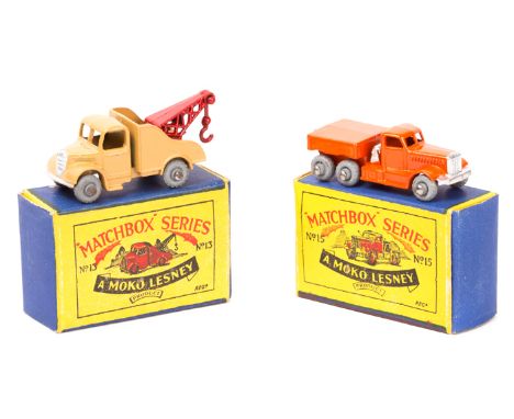 2 Matchbox Series. A No.13 Bedford Wreck Truck. In tan with red crane/hook with silver radiator and grey metal wheels. Boxed,