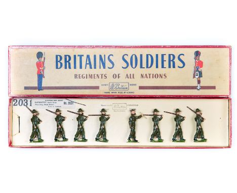 A scarce set of Britains Australian Army Infantry No.2031. Examples in khaki battle dress, Officer with baton and 7 marching 