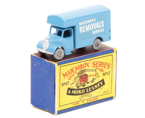 Matchbox Series No.17 Bedford Removal van. A light blue example with silver trim and white wording ‘Matchbox Removals Service