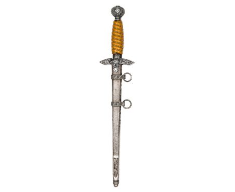 A similar Luftwaffe officer’s dagger, by WKC, Solingen, with wire bound orange grip, in its silver plated sheath. GC (some st