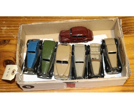 7 Dinky Toys. A British Salmson 4-seater sports car 36f, a Rover 36d, a Bentley 36b, a Vauxhall 30d, a Daimler 30c, an Austin