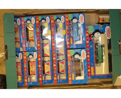A small quantity of Hornby Railways Thomas & Friends model railway including Circus related examples. A set,      0-4-0 saddl