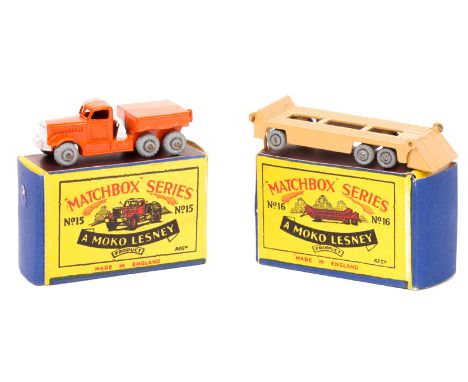 2 Matchbox Series. A No.15 Diamond T Prime Mover. In orange with silver radiator and trim with grey metal wheels. Boxed, very