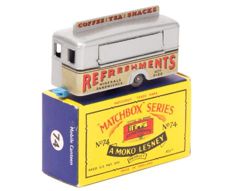 Matchbox Series No.74 Mobile ‘Refreshments’ Bar. An example in metallic silver with a light blue base and grey plastic wheels