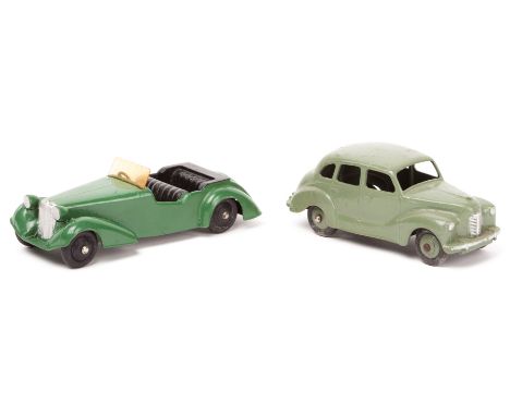 2 Dinky Toys. An Alvis Sports Tourer (38d) with green body, black interior and wheels. Austin A40 Devon (40d) with light grey