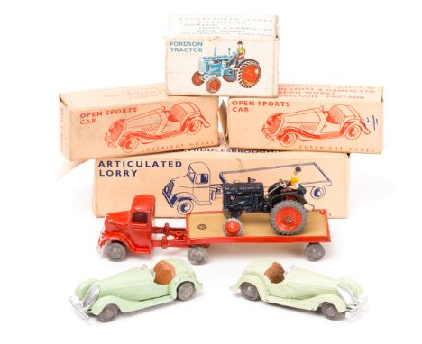 4 Britains Lilliput Vehicles. An Articulated Lorry (LV/603) in red with tan rear load platform. Fordson Tractor (LV/604) in d