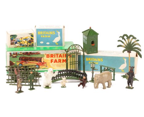 A small quantity of Britains Farm / Zoo etc. A 4-Furrow Tractor Plough (138F). Man with Tank on Wheeled Carrier (5034). Tract
