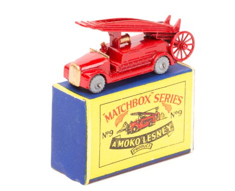 Matchbox Series No.9 Dennis Fire Escape. In bright red with gold radiator and detailing, no front bumper, grey metal wheels. 