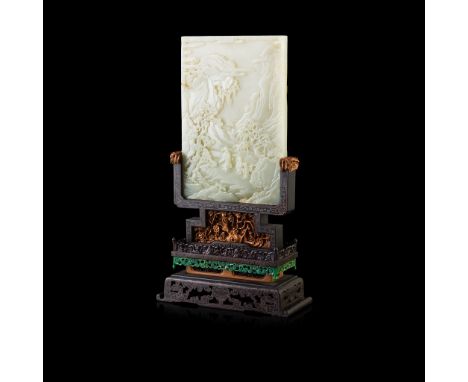 清末民初 白玉插屏帶木座 the white jade plaque of rectangular shape, carved on one side in various reliefs with a scholar accompanied by 