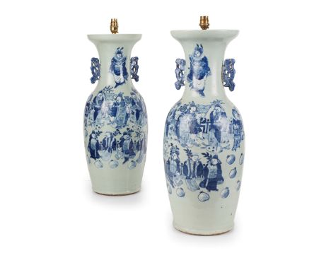 清 青釉青花人物紋雙耳大瓶（一對） each heavily potted with an ovoid body to a waisted neck, extending to a large opening of a disc mouth, the