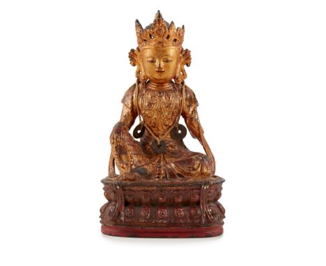 明 銅鎏金漆觀音坐像 heavily cast seated in lalitasana royal ease on a double lotus base lacquered in red, left hand raised in karana m