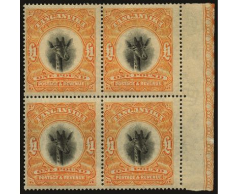1922-24 Watermark upright £1 black and yellow-orange (SG 88a), right marginal block of 4 showing marginal 'engine turning', l