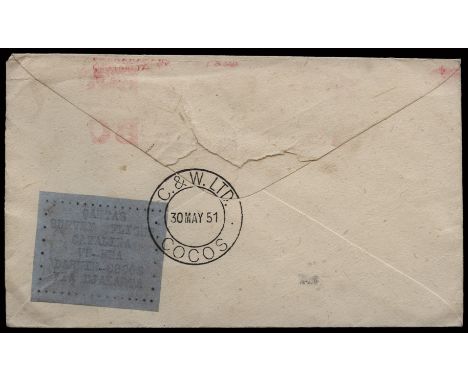 1951 Qantas survey flight Jakarta-Cocos (AAMC 1273b): 1951 April 25, 1s unfranked meter mail envelope sent airmail from Engla