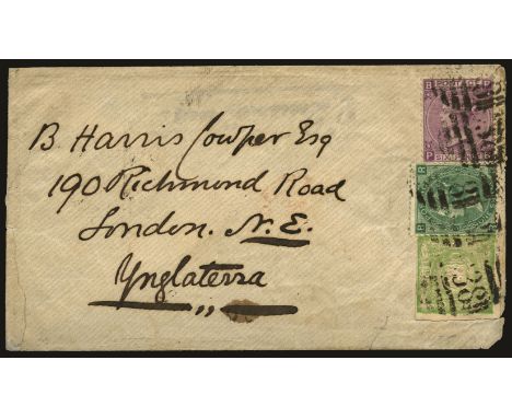 GB Used Abroad - Lima: 1872 April 14 envelope from Lima to London, the 1s6d rate prepaid by a 6d mauve (plate 9) and a 1s gre