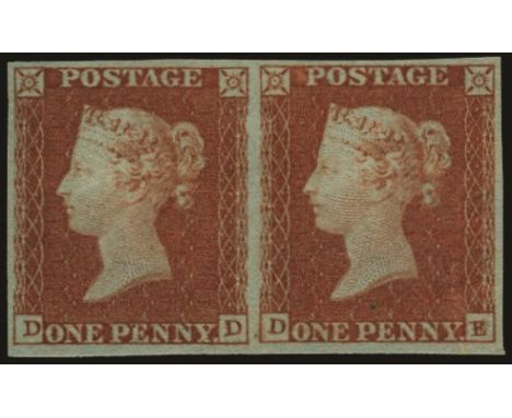 1841 1d red brown plate 93 (SG 8), good four margin horizontal pair lettered DD-DE, very fine and fresh large part o.g., a li
