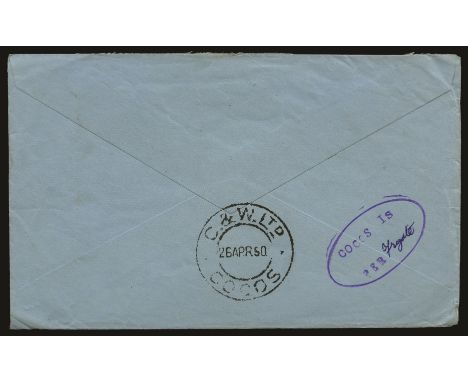 1950 February 14 envelope from Devon to "E. R. Leigh-Parkin" in Singapore for onward forwarding to Cocos, franked with KGVI 1