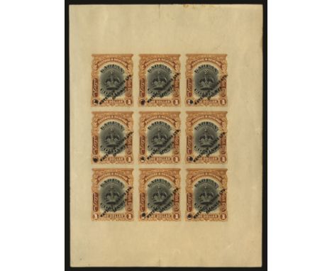 1902-03 'Crown' $1, imperforate colour trial in black and yellow-brown, sheetlet of 9, each overprinted "WATERLOW & SONS LTD.
