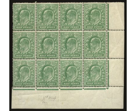 1911 Perf 15 x 14, ½d dull green, lower right corner marginal block of twelve showing "Major frame break" varieties from plat