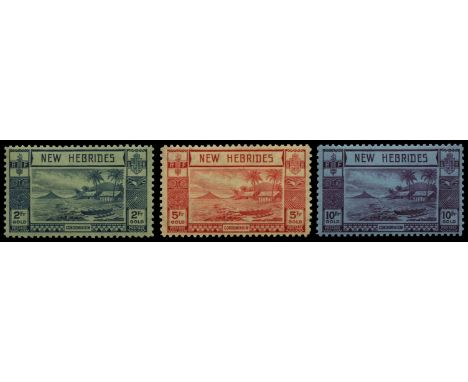 1938 Lopevi Island gold currency 5c to 10f violet/blue (SG 52/63), a few low vals patchy gum toning and some incl 5f light be