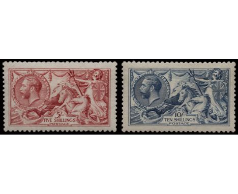 1915 De la Rue Seahorses 5s pale carmine (worn plate) (SG 410), one short perf and light gum bending plus 10s blue (SG 412), 