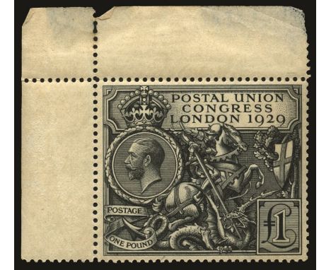 1929 9th Postal Union Congress £1 black (SG 438), upper left corner marginal, light even gum toning, faults in margins but st