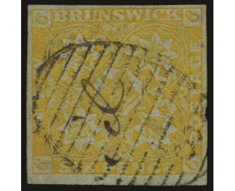 1851-60 6d olive-yellow on bluish (SG 4), four good to large margins, used by neat '13' barred oval of Fredericton and part m