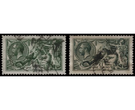 1913-14 Waterlow £1 green (SG 403) and £1 deep green (Spec N72(2)), former diagonal crease and used by several part parcel ca