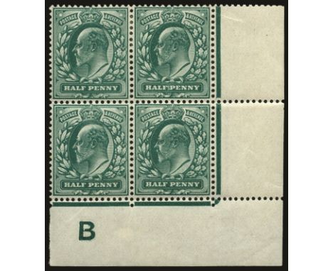 1902-10 ½d blue-green lower right corner marginal control "B" block of four showing displaced cliché varieties from plate 20.