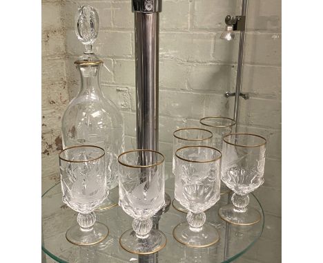 BOHEMIAN DECANTER &amp; 6 GLASSES - ETCHED SHIP DESIGN