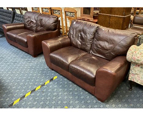 2 X 2 SEATER B ROWN LEATHER SOFA &amp; FOOTSTOOL