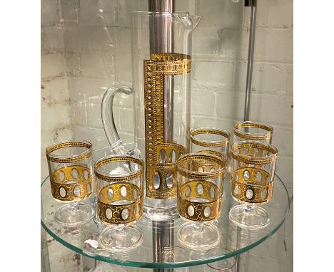 SIGNED CULVOR GOLD ANTIQUA COCKTAIL PITCHER &amp; 6 GLASSES