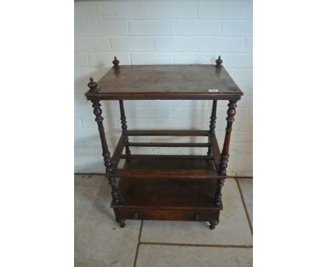 A Victorian walnut Canterbury whatnot with a base drawer - needs restoration - missing casters, gallery and finial - 85 cm ta