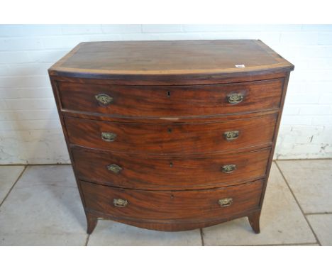 A 19th Century mahogany bow-fronted chest with four long drawers - on splayed bracket feet - 92 cm tall x 91 cm x 53 cm - som