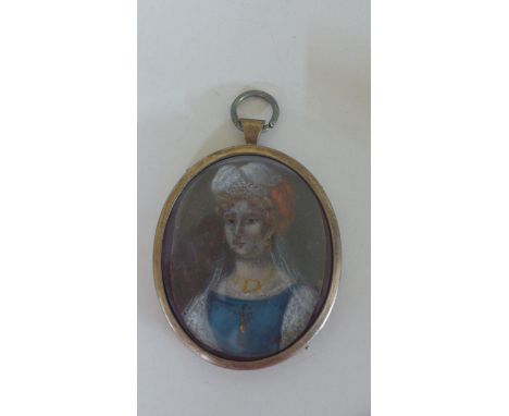 A 17th Century Continental School portrait miniature on copper of a Lady wearing a blue dress and elaborate headdress, in an 