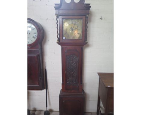 Carved Oak Longcase Clock by T Stancliffe, Barkisland, listed as 1780 12" Brass Dial with moon dial and date, outside count r