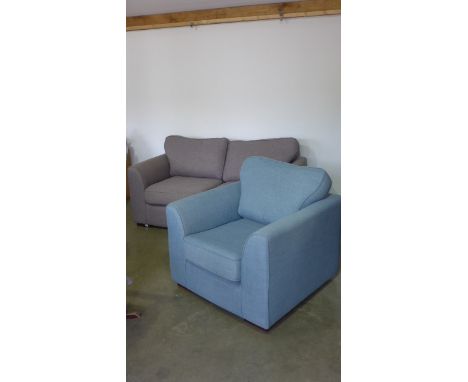 A grey modern DFS two seater sofa and single chair in blue