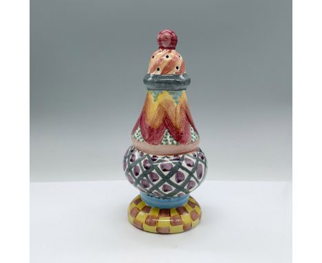 Pretty ceramic sugar shaker decorated with a unique pattern in vibrant colors. Victoria and Richard MacKenzie-Childs backstam