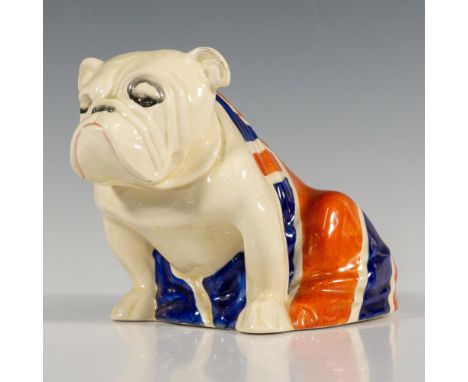 Hand painted medium size seated Bulldog figurine with black collar draped in the Union Jack. Royal Doulton backstamp in black