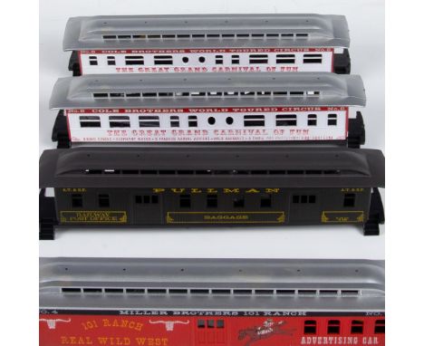 A set of 4 Roundhouse train car that includes the Railway Post Office Baggage Car, the Miller Brothers 101 Ranch car, and two